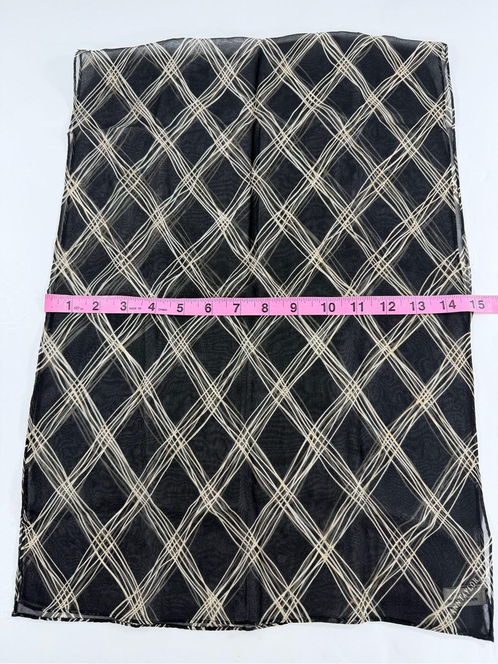 Ann Taylor 100% Silk Sheer Scarf Black Ivory Abstract Plaid 42x15 Made in Japan - Picture 6 of 8